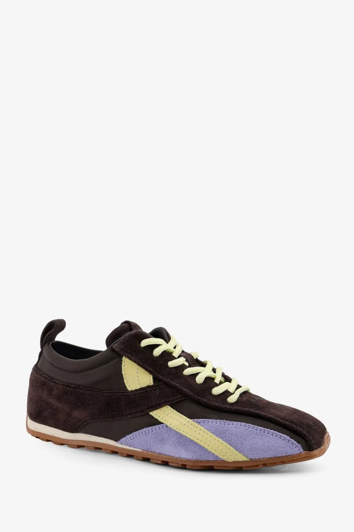 Alohas women’s leather and suede brown sneaker with vibrant yellow and lavender panels tan rubber sole and light laces