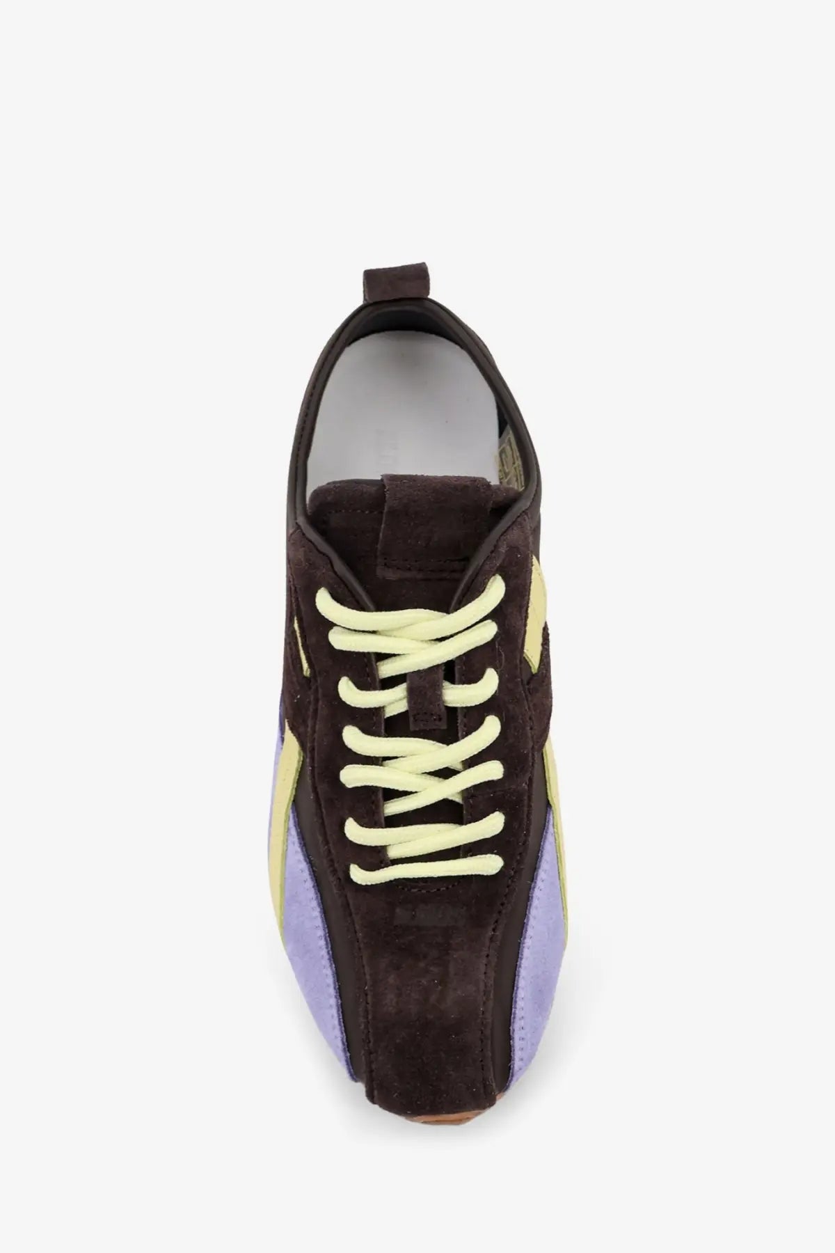 Alohas women’s leather and suede sneakers in brown with vibrant yellow and lavender panels and light green laces