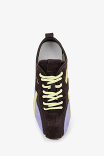 Alohas women’s leather and suede sneakers in brown with vibrant yellow and lavender panels and light green laces