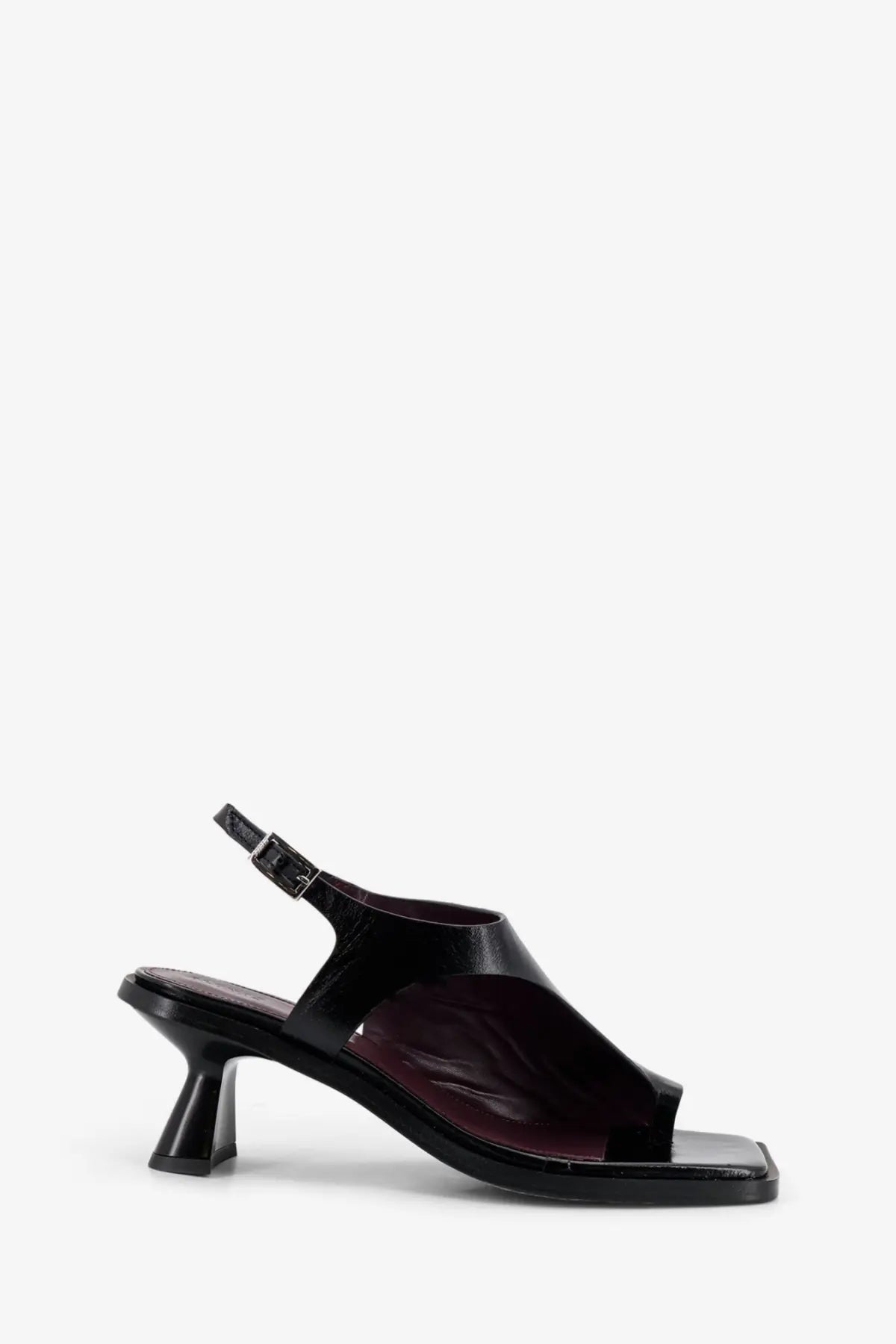 Alohas women’s Mahina black patent leather sandal with square toe low block heel and adjustable ankle strap
