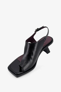 Alohas women’s mahina black leather sandal with square toe low block heel and adjustable ankle strap front view
