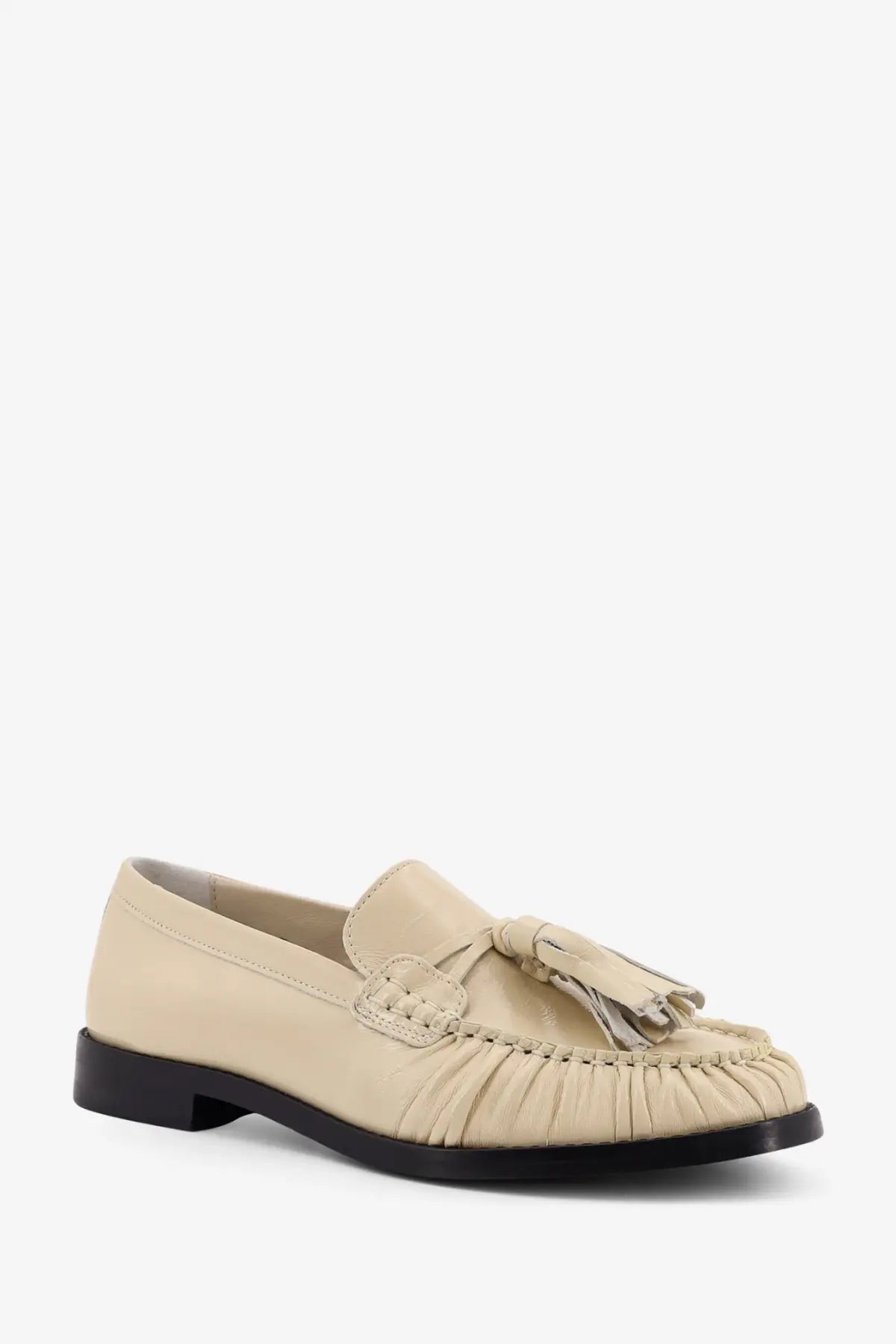 Alohas women’s marietta beige leather loafer with tassel and ruched detailing on the toe in white