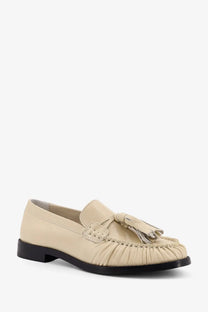 Alohas women’s marietta beige leather loafer with tassel and ruched detailing on the toe in white