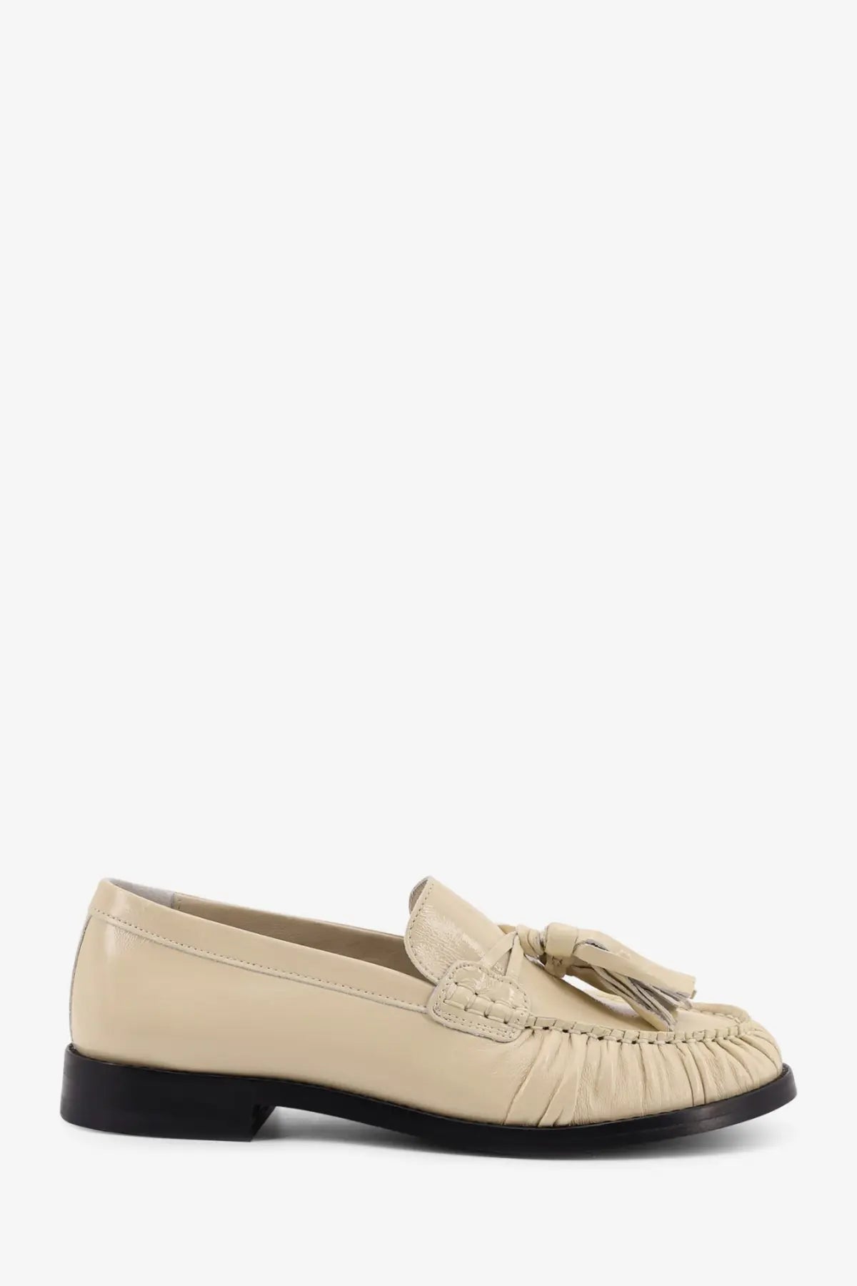 Cream-colored leather loafer with tassel and pleated detailing from Alohas womens Marietta leather loafers white collection