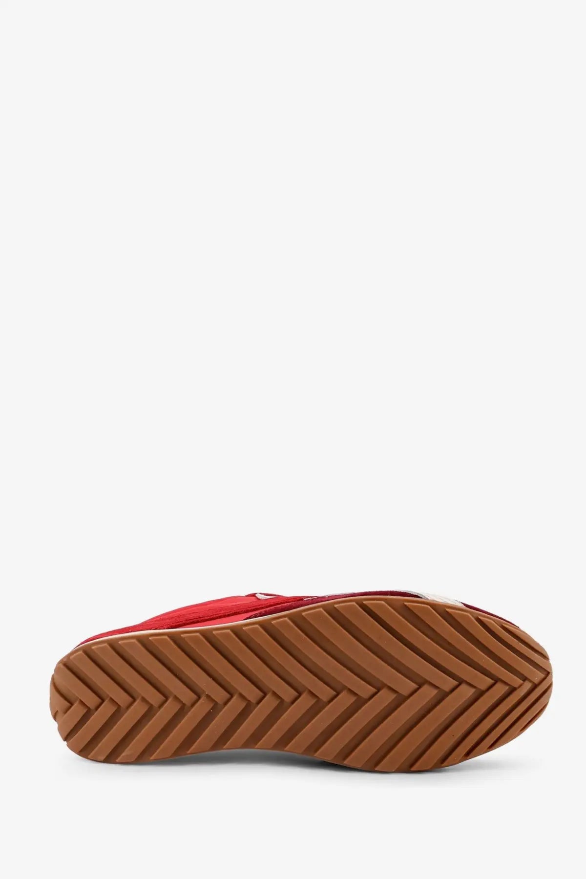 Alohas women’s red nylon and suede canvas slip-on sneaker with brown rubber sole and chevron tread pattern