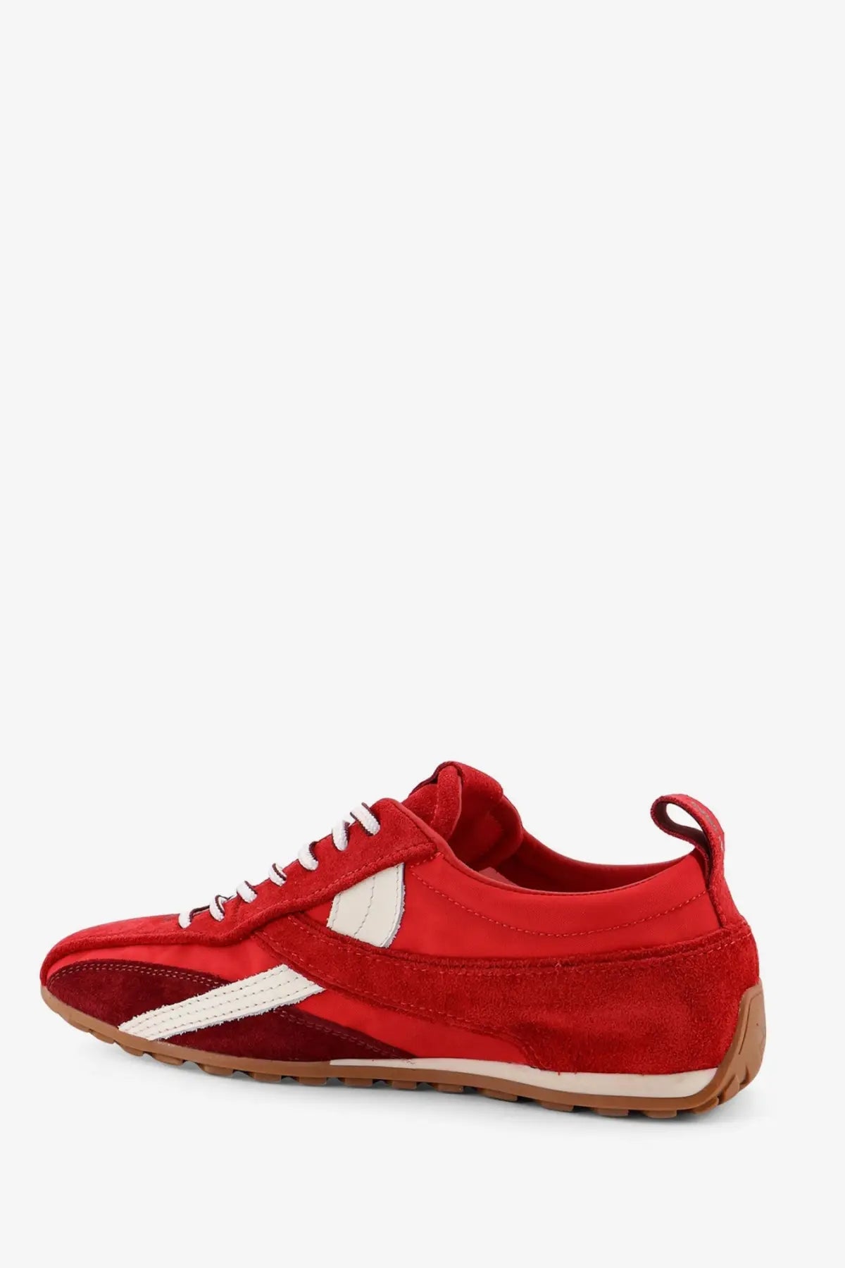Alohas women’s red nylon and suede sneakers with white laces white side stripe and tan rubber sole