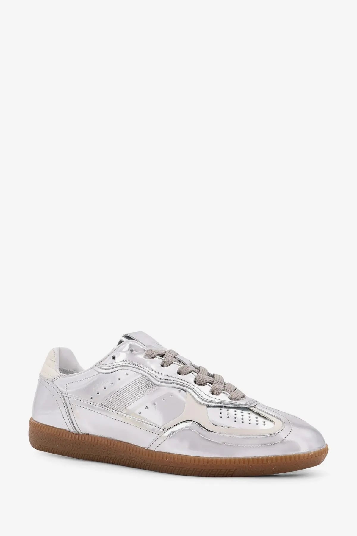 Alohas women’s rife metallized leather sneaker in silver with gray laces and tan rubber sole featuring a glossy finish