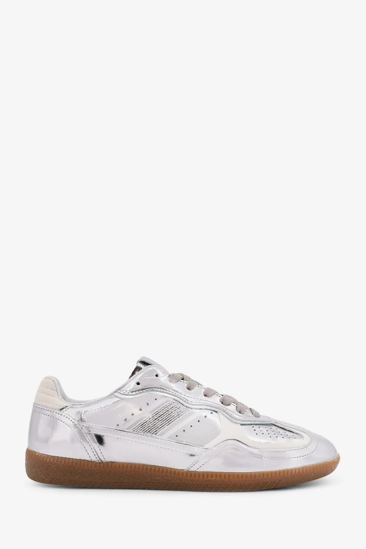Alohas women’s rife metallized leather sneaker in silver with a glossy finish perforated panels and tan rubber sole
