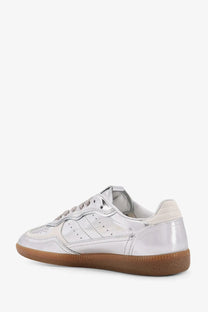 Alohas women’s rife metallized leather sneaker in silver patent leather with gum rubber sole and perforated detailing