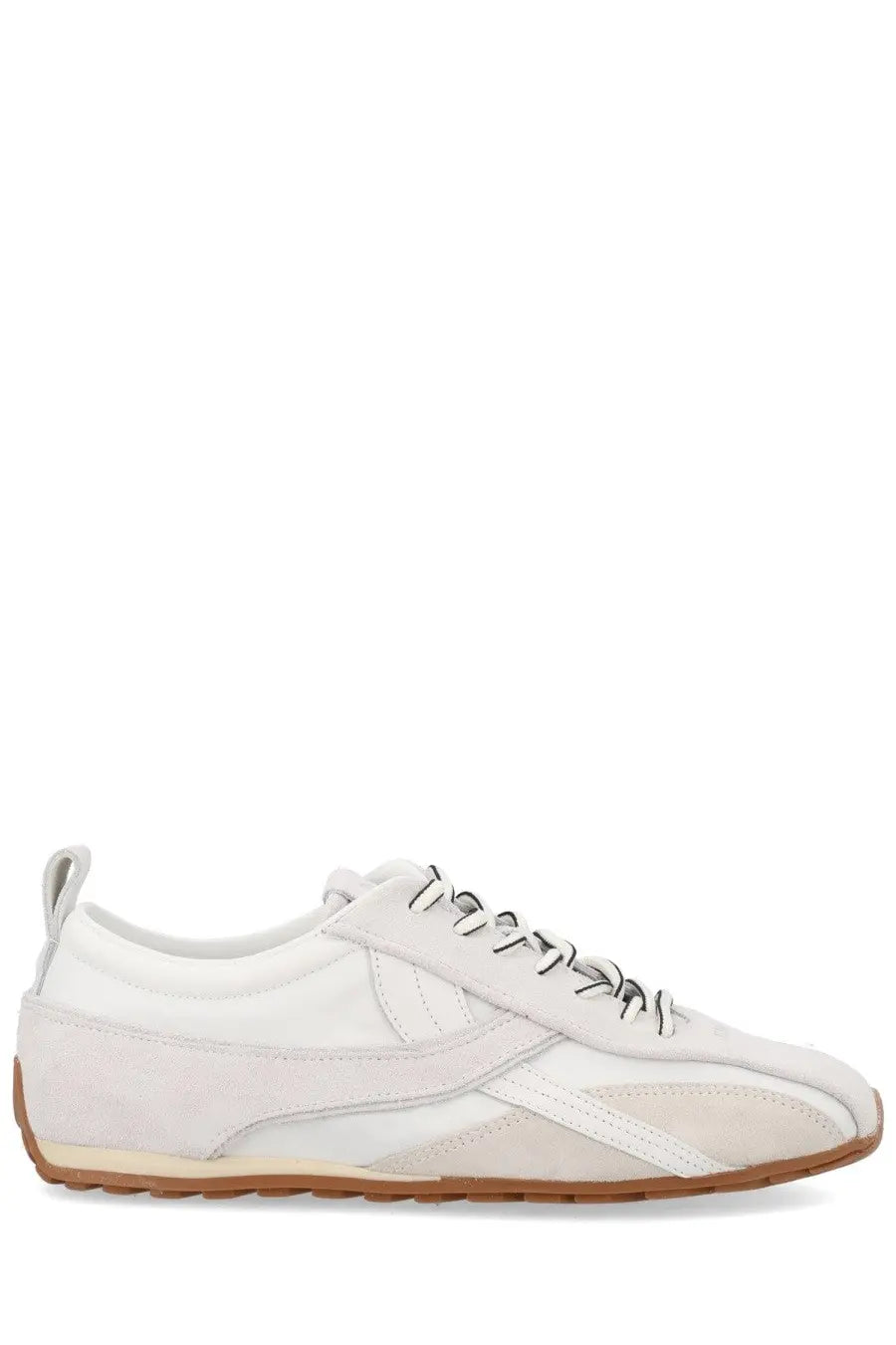Alohas women’s sneaker tb304 white in white and beige suede with black laces and tan rubber sole classic athletic design