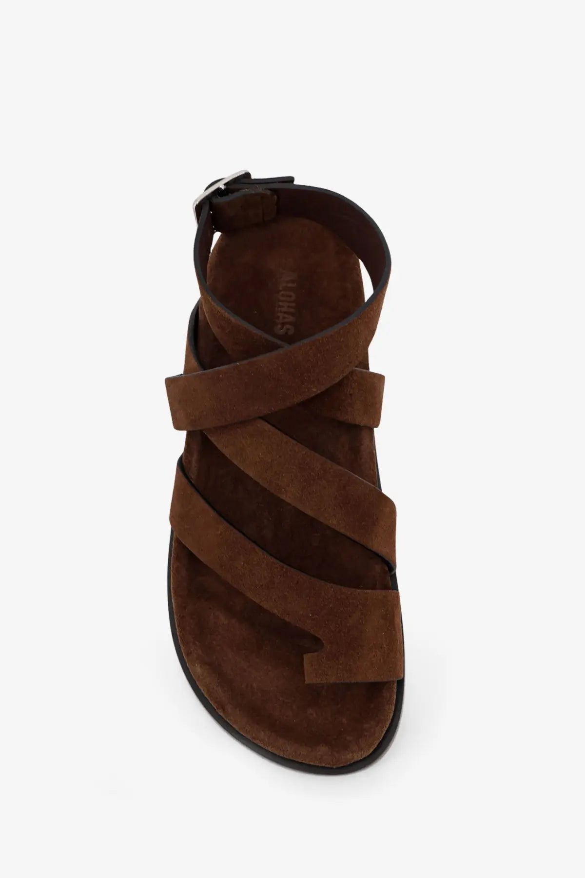 Alohas women’s brown suede strappy sandal with black rubber sole and adjustable ankle strap shown from the back