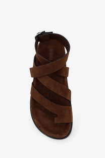 Alohas women’s brown suede strappy sandal with black rubber sole and adjustable ankle strap shown from the back
