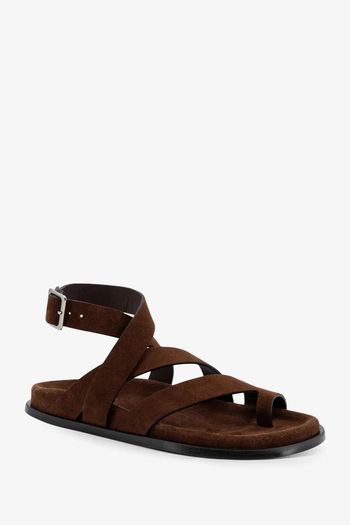Alohas women’s brown suede strappy sandal with silver buckle and black rubber sole