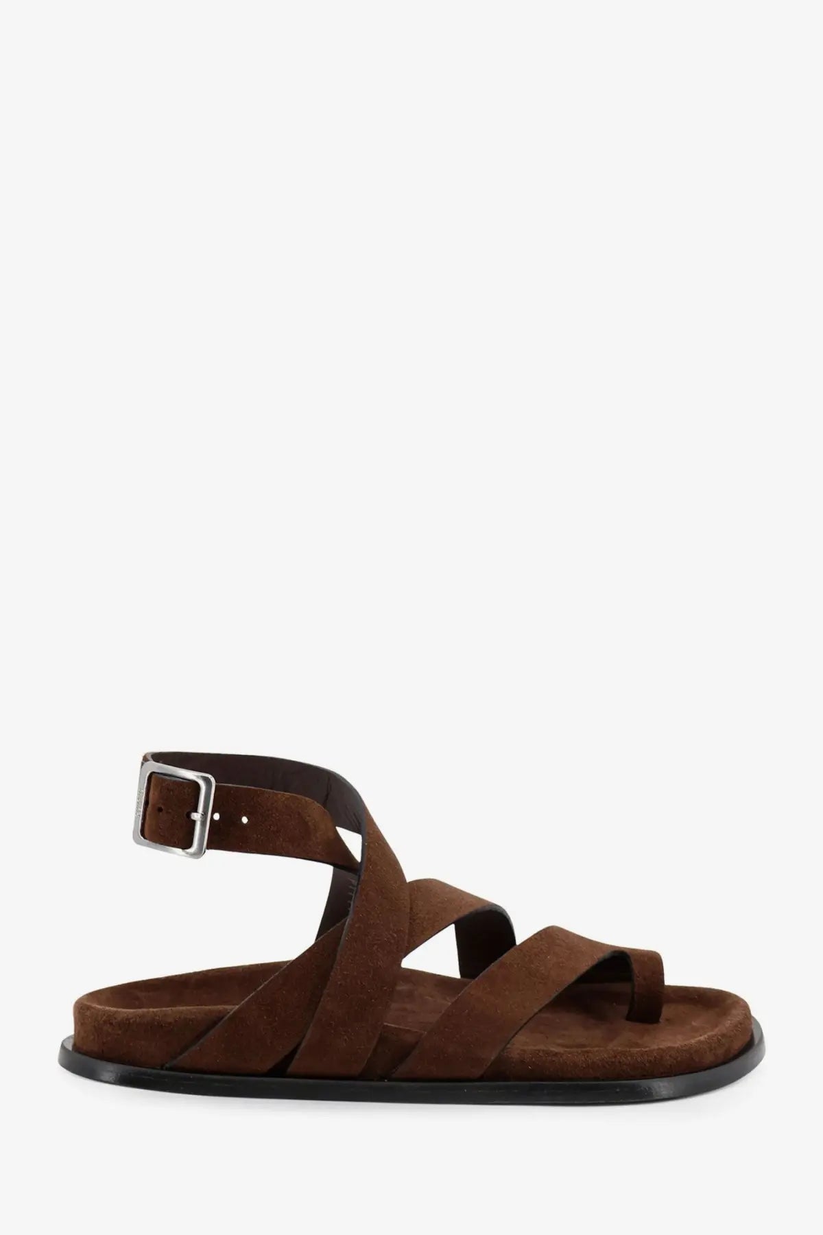 Alohas women’s brown suede strappy sandal with silver buckle and black rubber sole for stylish comfort