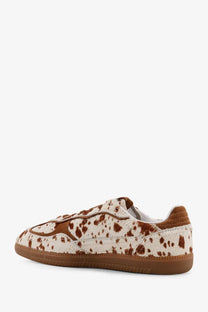 Alohas women’s tb ponyskin sneakers beige low-top sneaker with brown and white cowhide pattern and suede accents