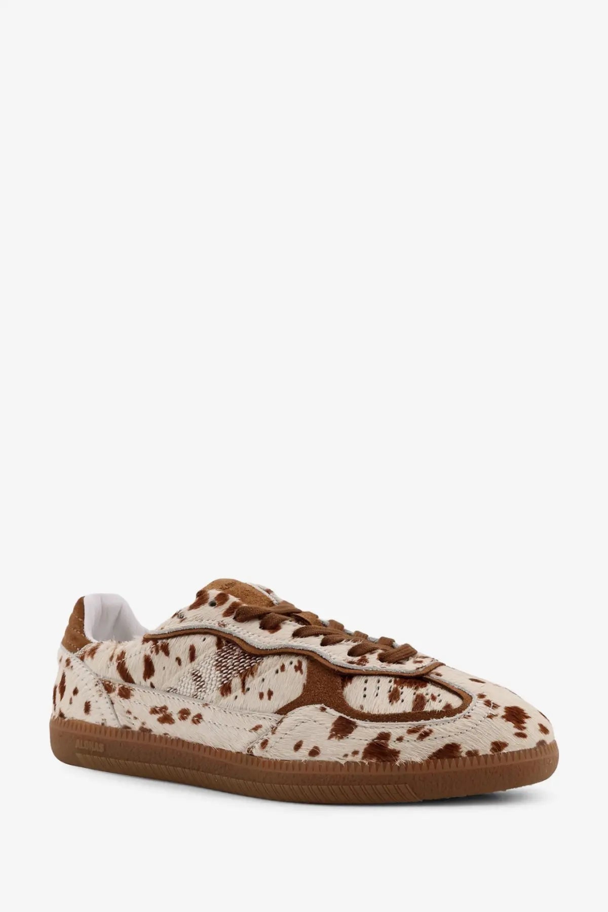 Alohas women’s tb ponyskin sneakers beige with brown and white cowhide pattern and suede accents low-top design