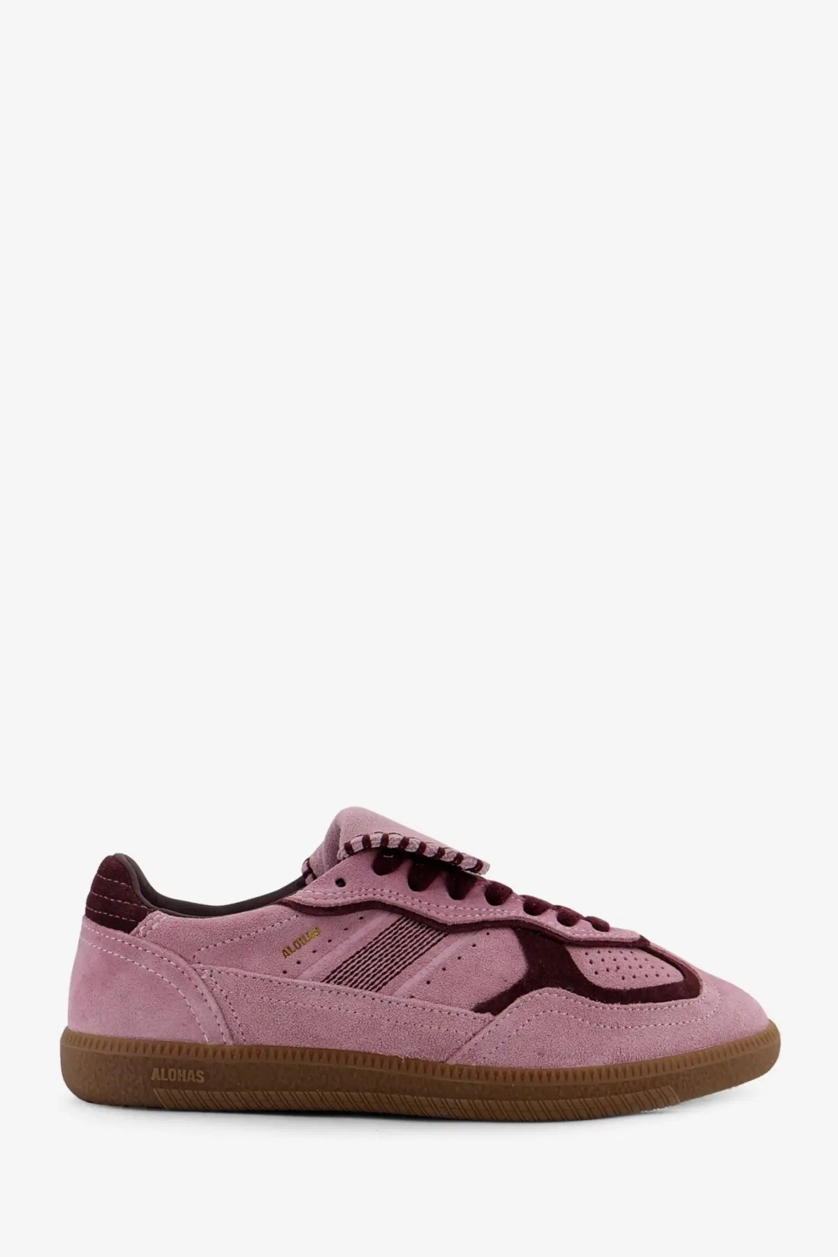 Alohas women’s tb suede sneakers blue in pink suede with maroon accents and a gum rubber sole
