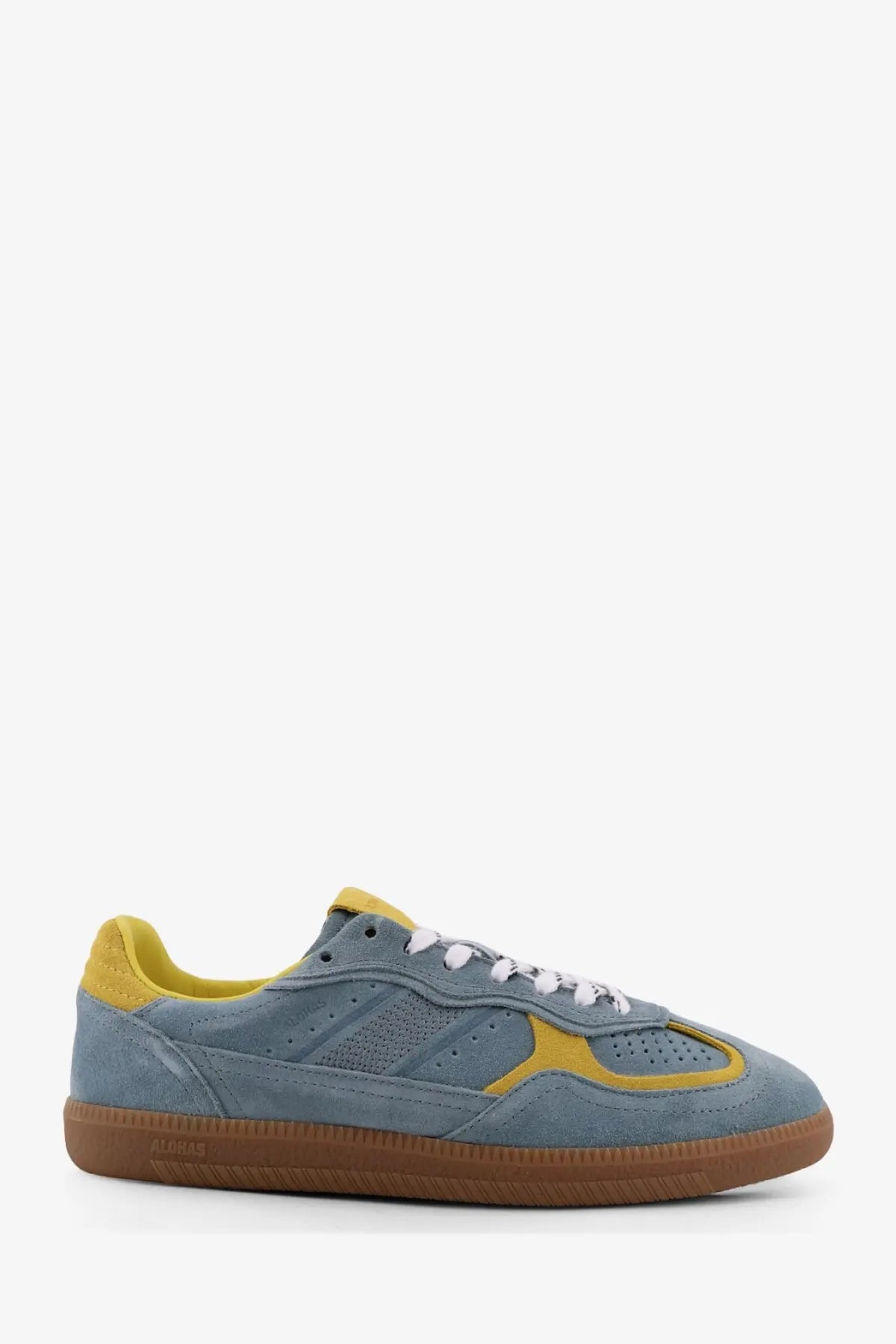 Alohas women’s tb suede sneakers in blue with yellow accents and gum rubber sole for casual wear