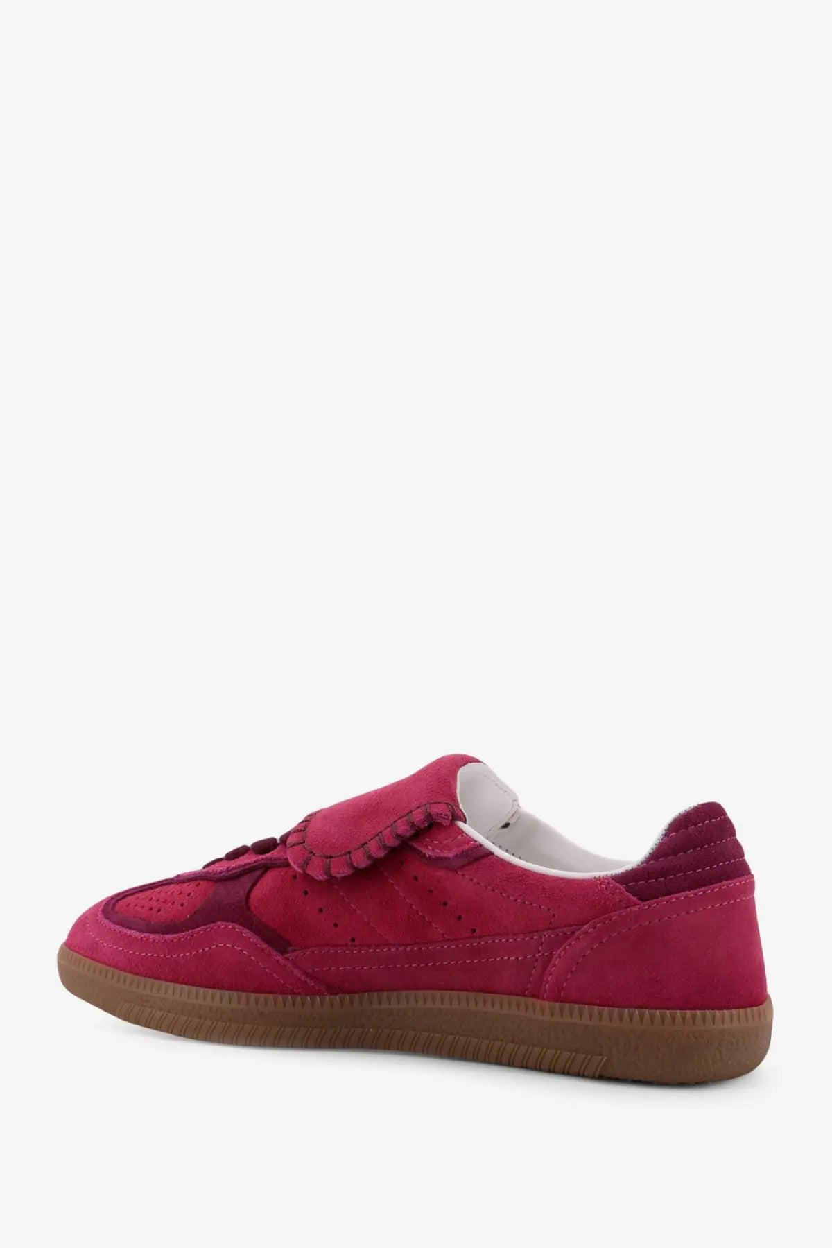 Alohas women’s tb suede sneakers in fuchsia with a fringed strap and perforated detailing in red suede