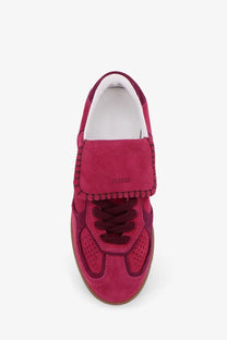 Alohas women’s tb suede sneaker in vibrant fuchsia with velcro strap perforated toe box and dark laces