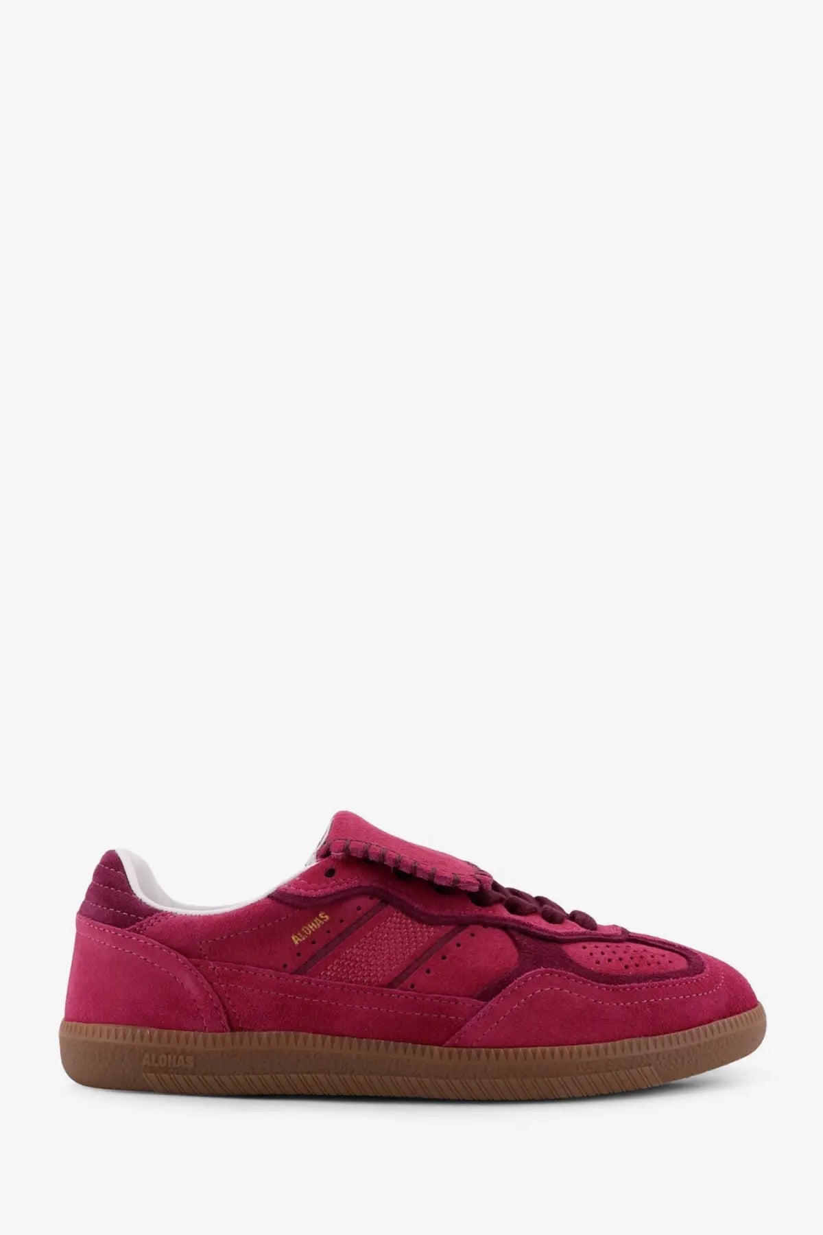 Alohas women’s tb suede sneaker in vibrant magenta with tan rubber sole and subtle gold branding on the side