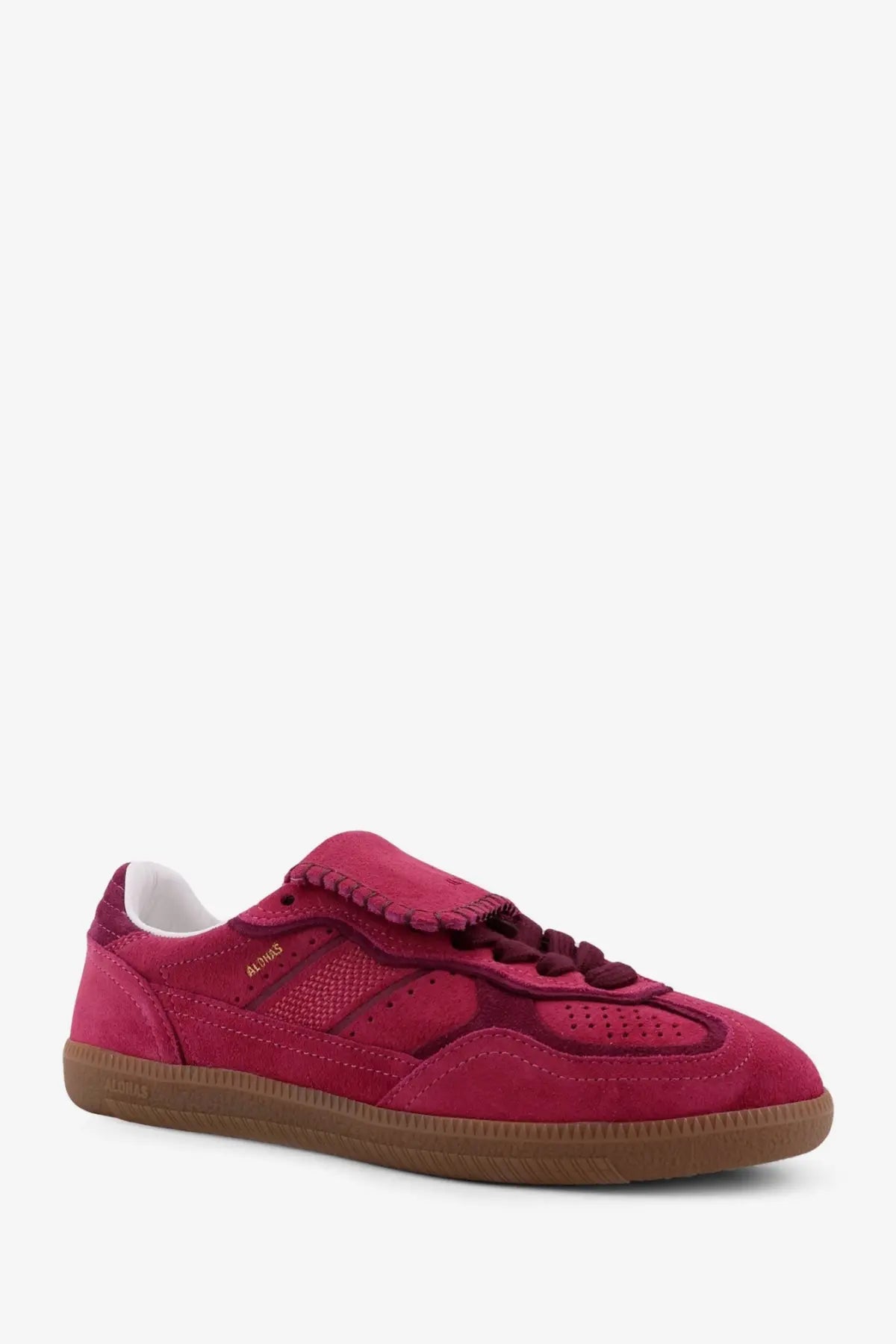 Alohas women’s tb suede sneakers red in vibrant magenta with textured mesh panel frayed lace detail and tan rubber sole