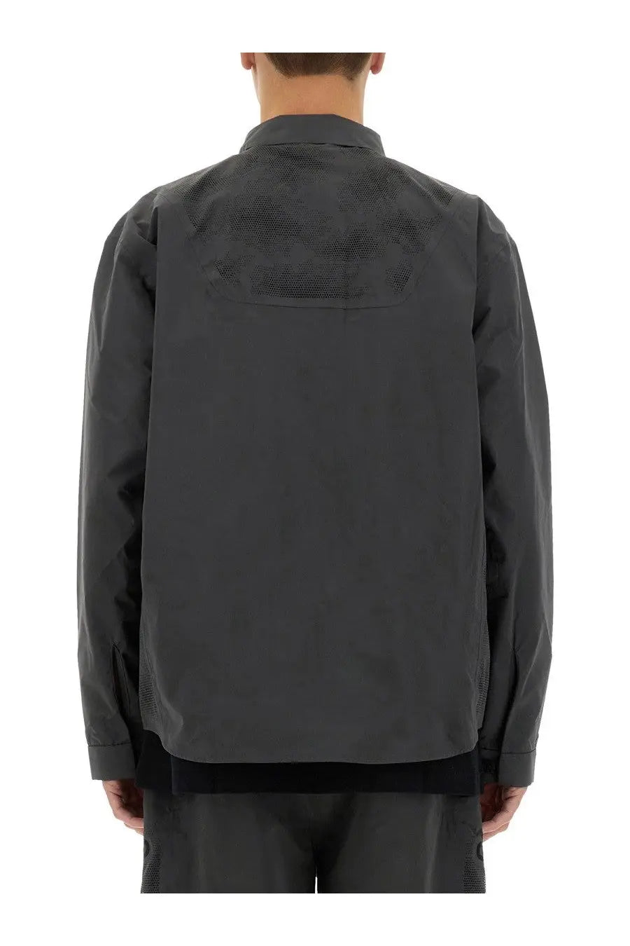 Alpha industries men’s laser cut shirt grey showing the back with dark gray textured fabric and mesh paneling