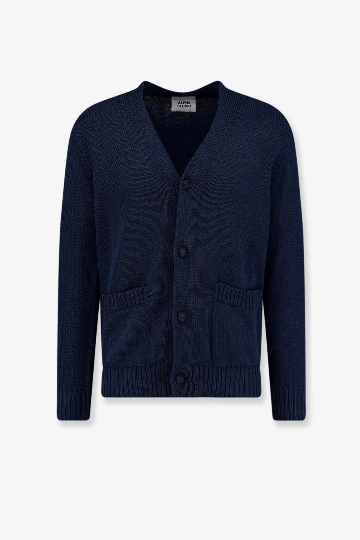 Alpha-studio men’s navy blue cotton knit cardigan with ribbed cuffs hem button closure and two patch pockets
