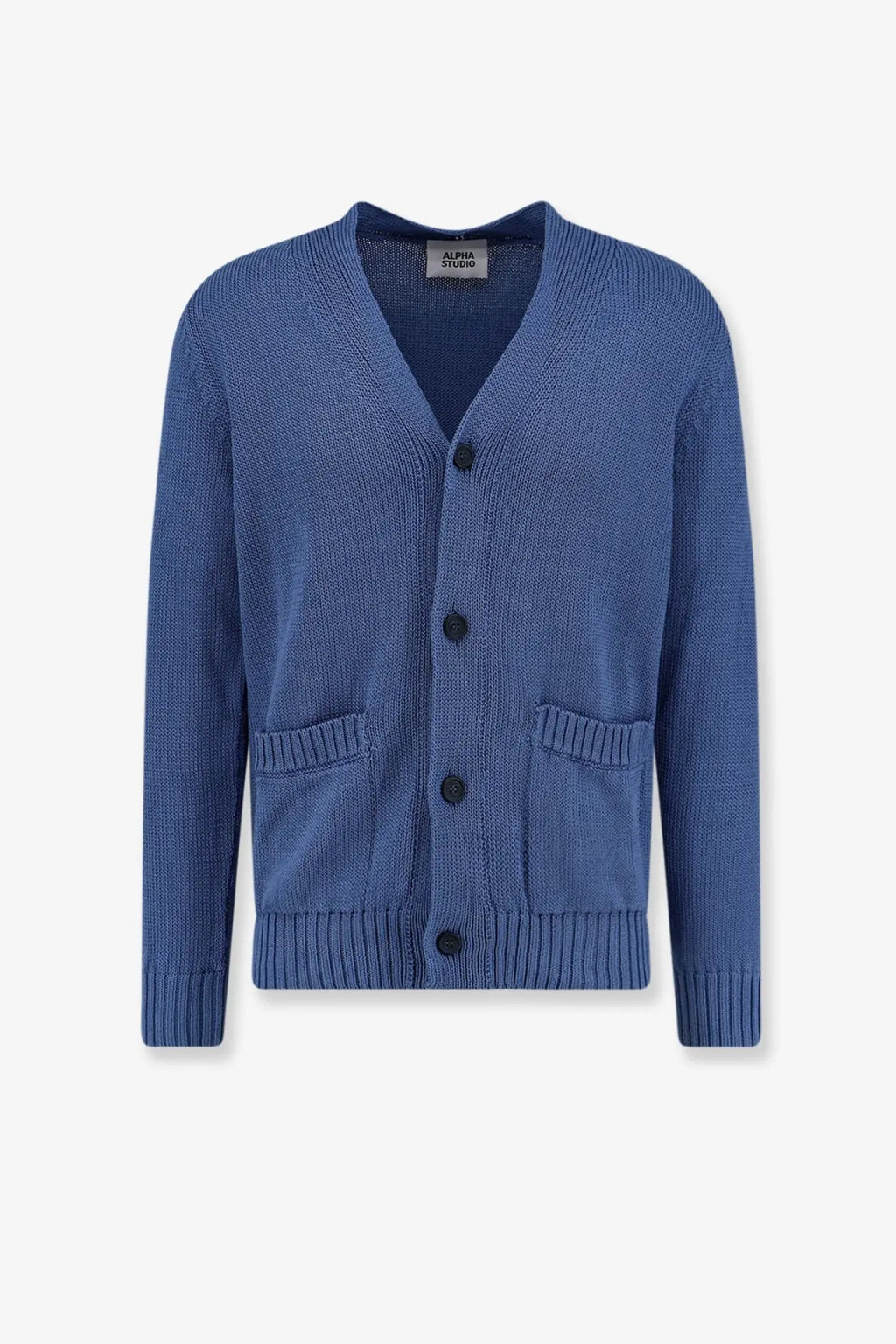 Alpha-Studio men’s navy blue cotton cardigan with v-neck black buttons ribbed cuffs and hem