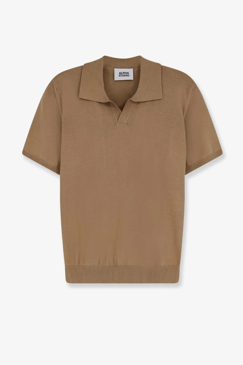Alpha-Studio men’s cotton polo shirt in tan with ribbed collar and cuffs featuring the brand label at neckline