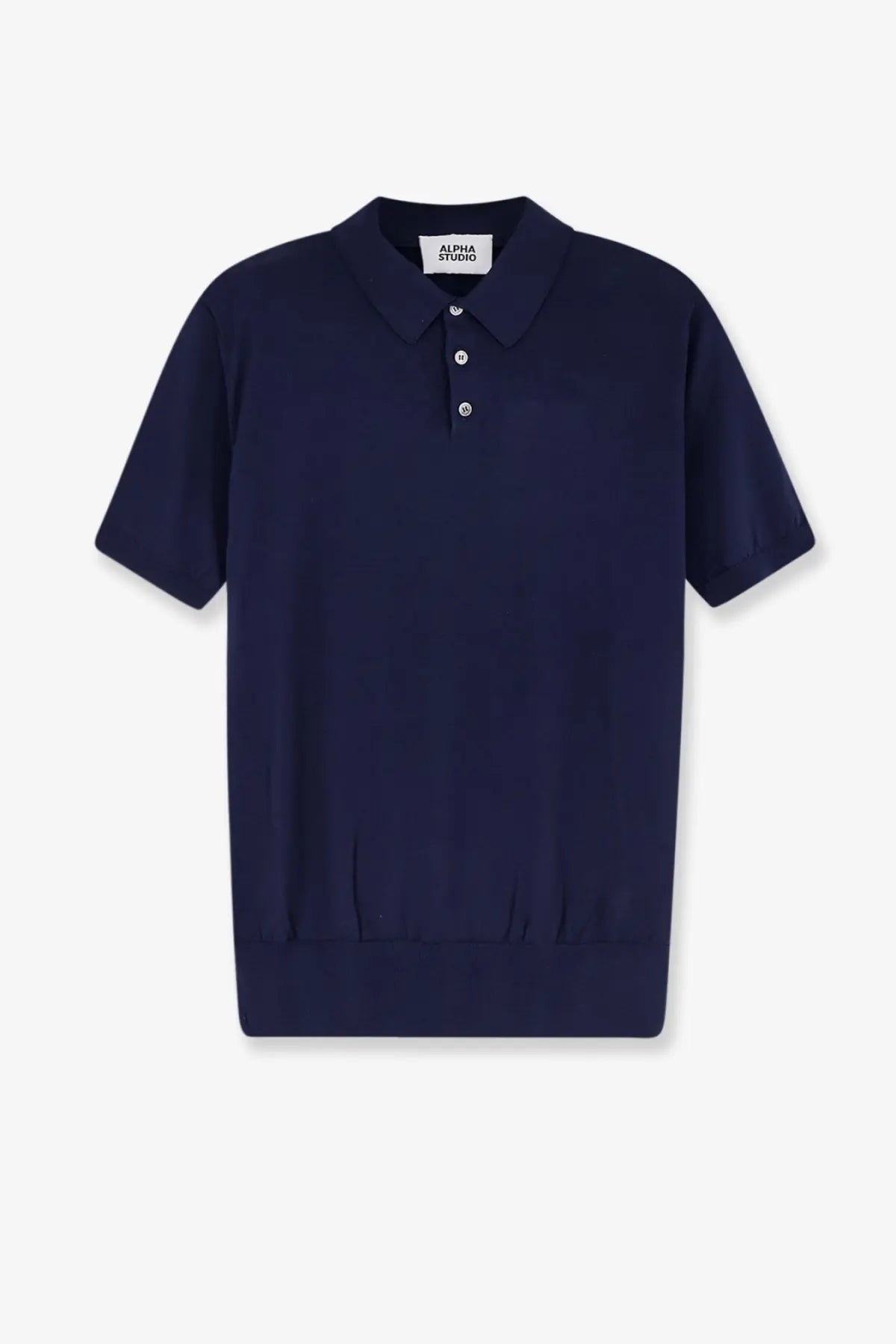 Alpha-Studio men’s navy blue short-sleeved polo shirt with classic collar three-button placket cotton and silk blend