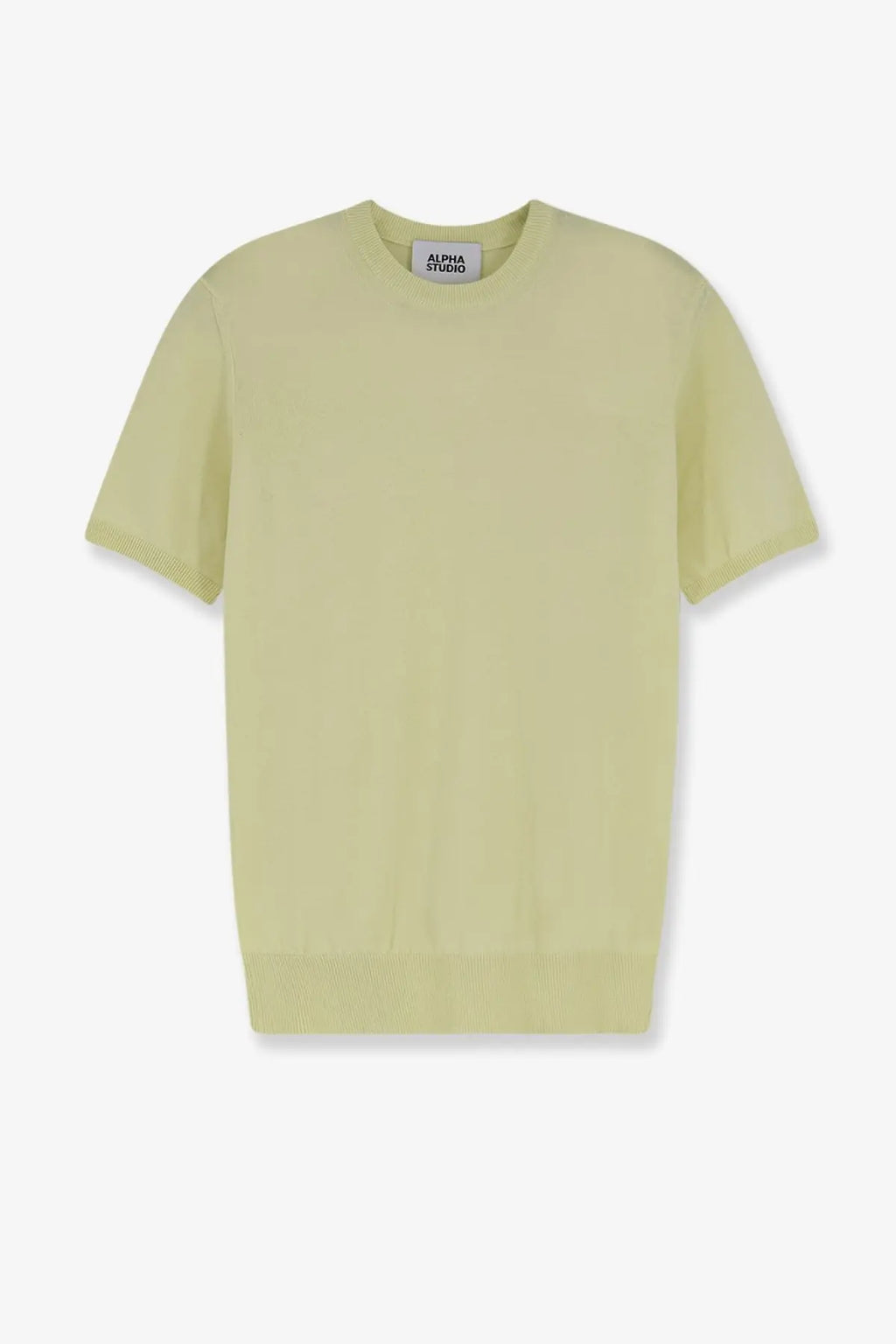 Alpha-studio men’s pale yellow cotton knit tee with short sleeves ribbed cuffs and hem simple crew neckline