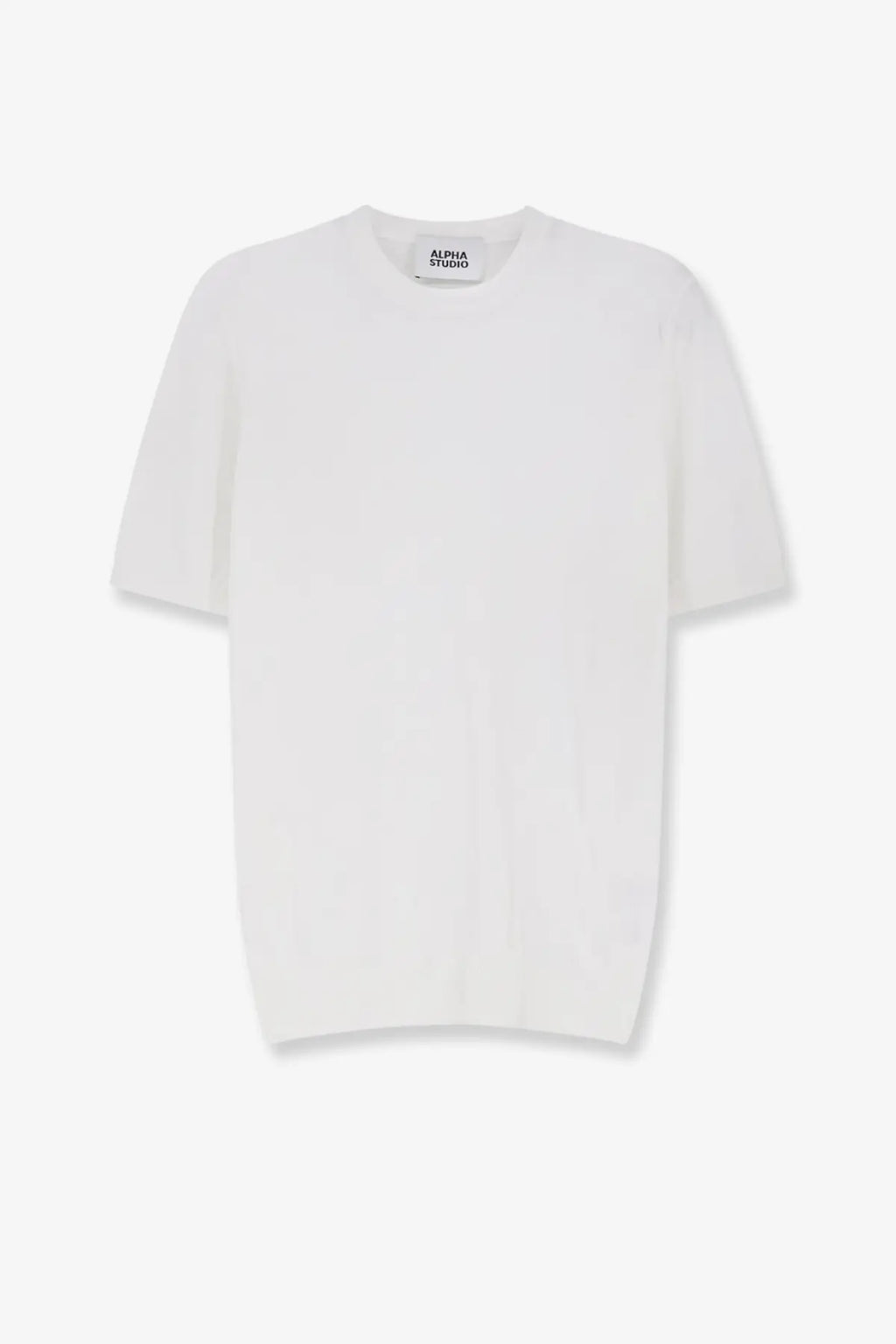 Alpha Studio men’s white cotton short-sleeved knit tee with crew neckline and subtle texture