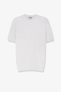 Alpha Studio men’s white cotton short-sleeved knit tee with crew neckline and subtle texture