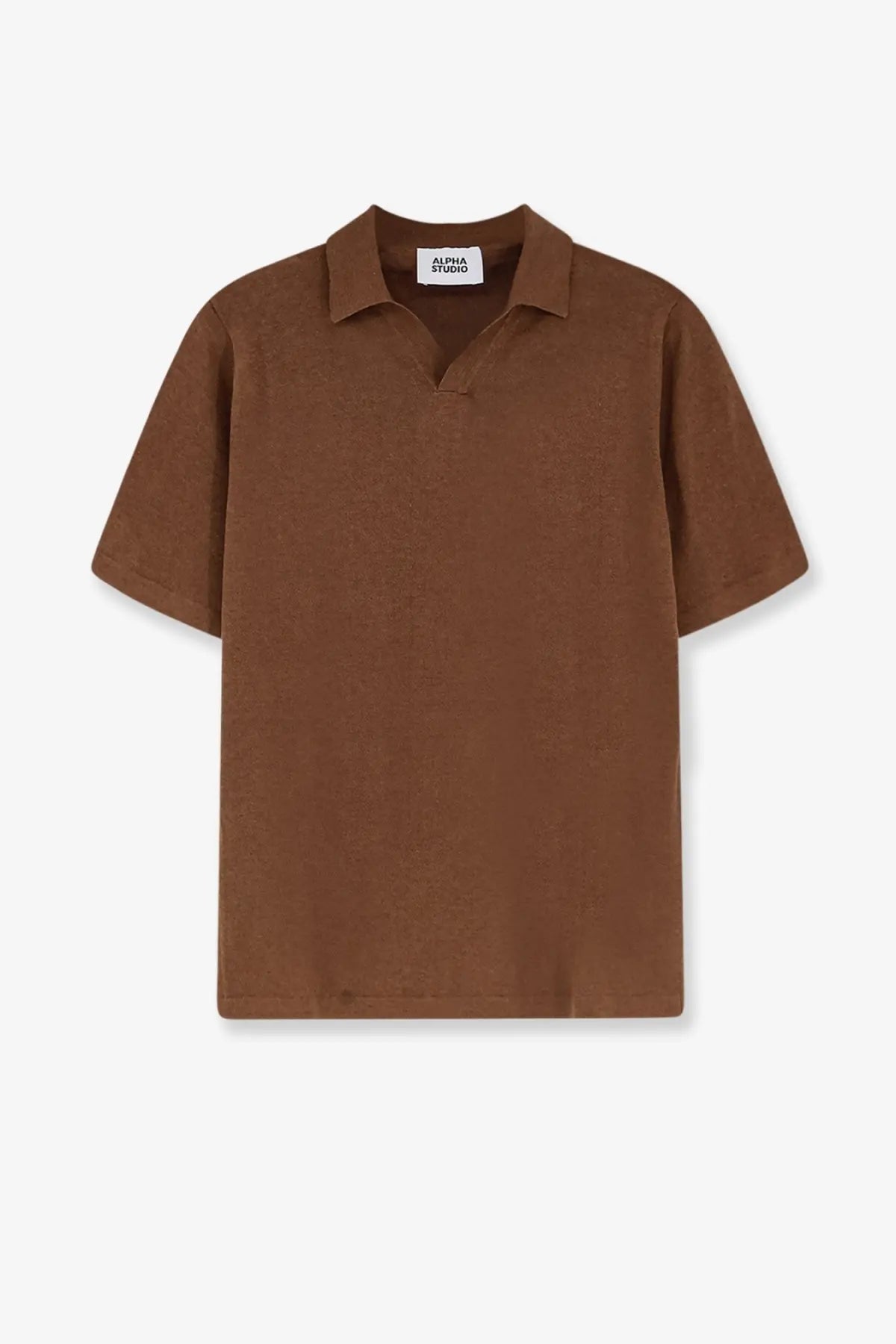 Alpha-Studio men’s brown polo shirt with short sleeves in linen and cotton blend featuring textured fabric and classic collar
