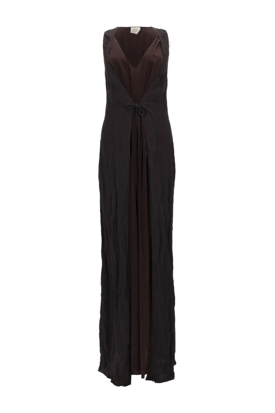Alysi women’s abito lungo combinato brown sleek sleeveless black satin maxi dress with deep v-neckline and tied waist detail