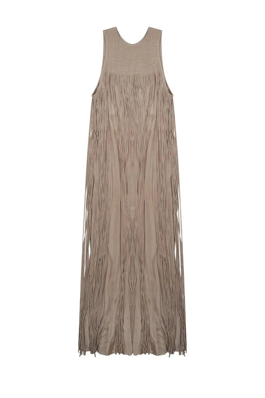 Alysi women’s taupe sleeveless maxi dress with textured bodice and long flowing fringe detailing