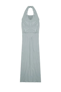 Alysi women’s abito lungo con scollo grey sleek light gray halter neck maxi dress with fitted bodice and flowing skirt