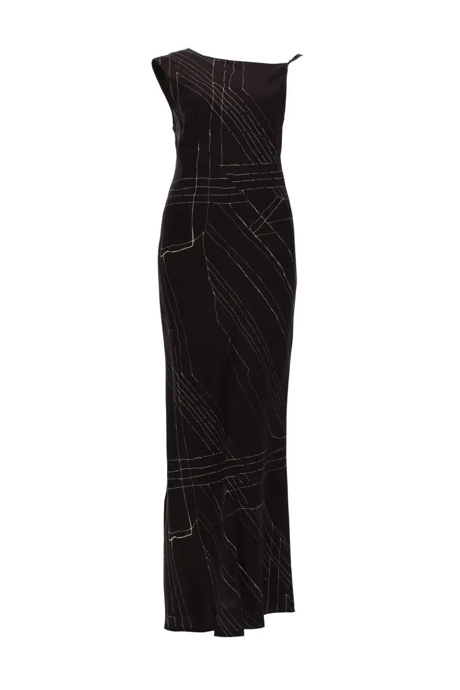 Alysi women’s abito lungo in seta brown black satin gown with delicate white geometric embroidery front view