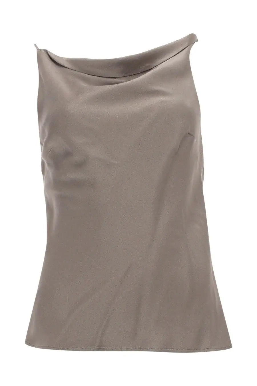 Alysi women’s asymmetrical taupe satin sleeveless top with draped cowl neckline in beige
