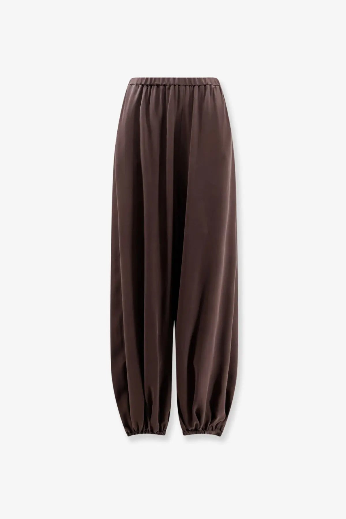 Alysi women’s choco brown satin wide-leg trousers with elastic waistband and cuffed hems in silk material