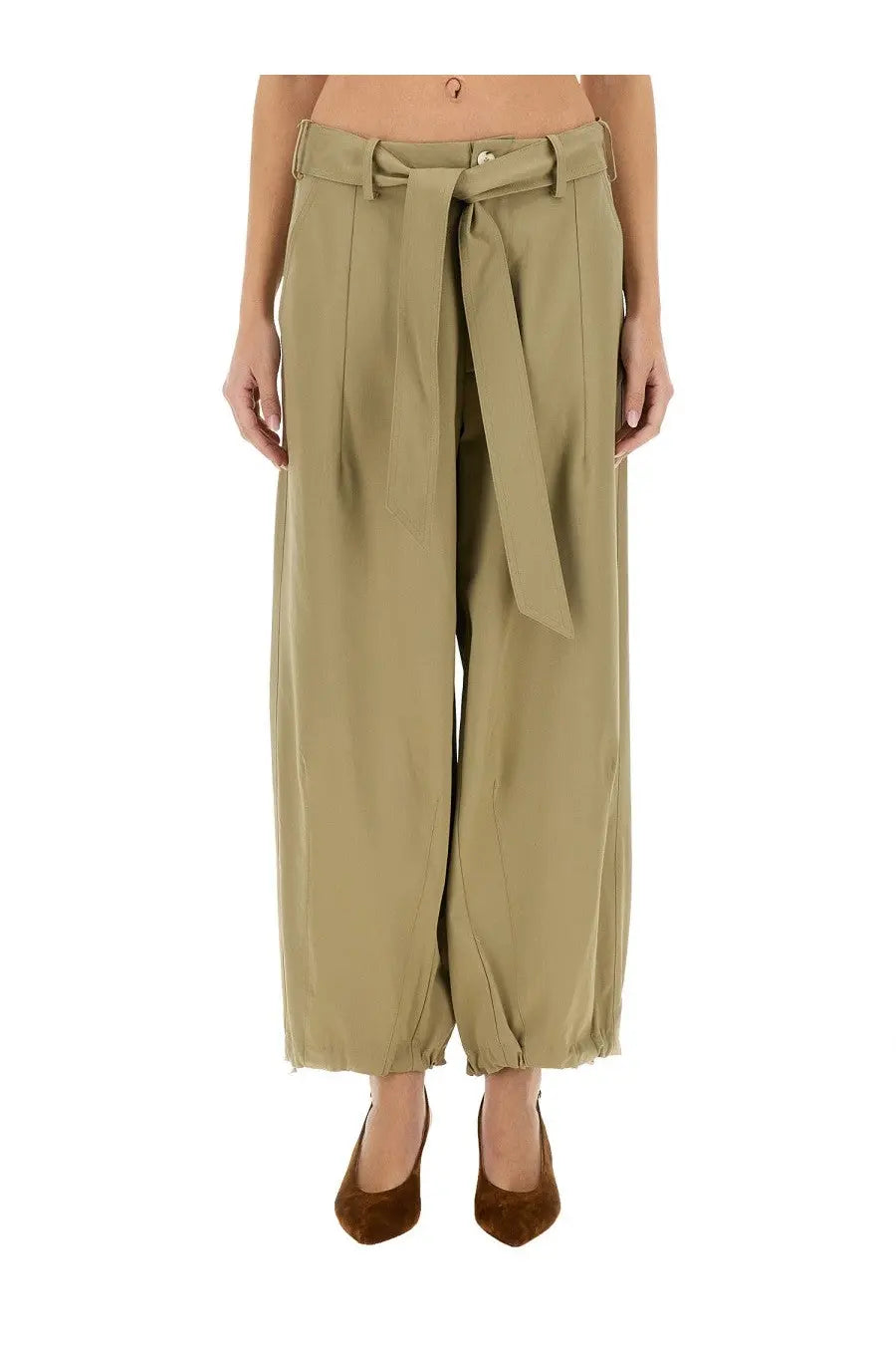Alyis women’s khaki wide-leg belted pants with self-tie belt and frayed hem in beige color