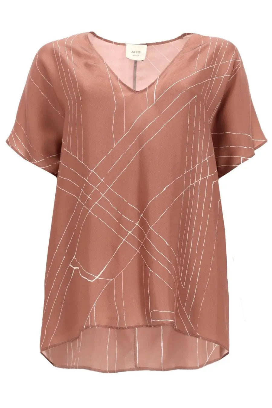 Alysi women’s blusa foundation beige soft rust-colored blouse with lightweight fabric and white geometric line patterns