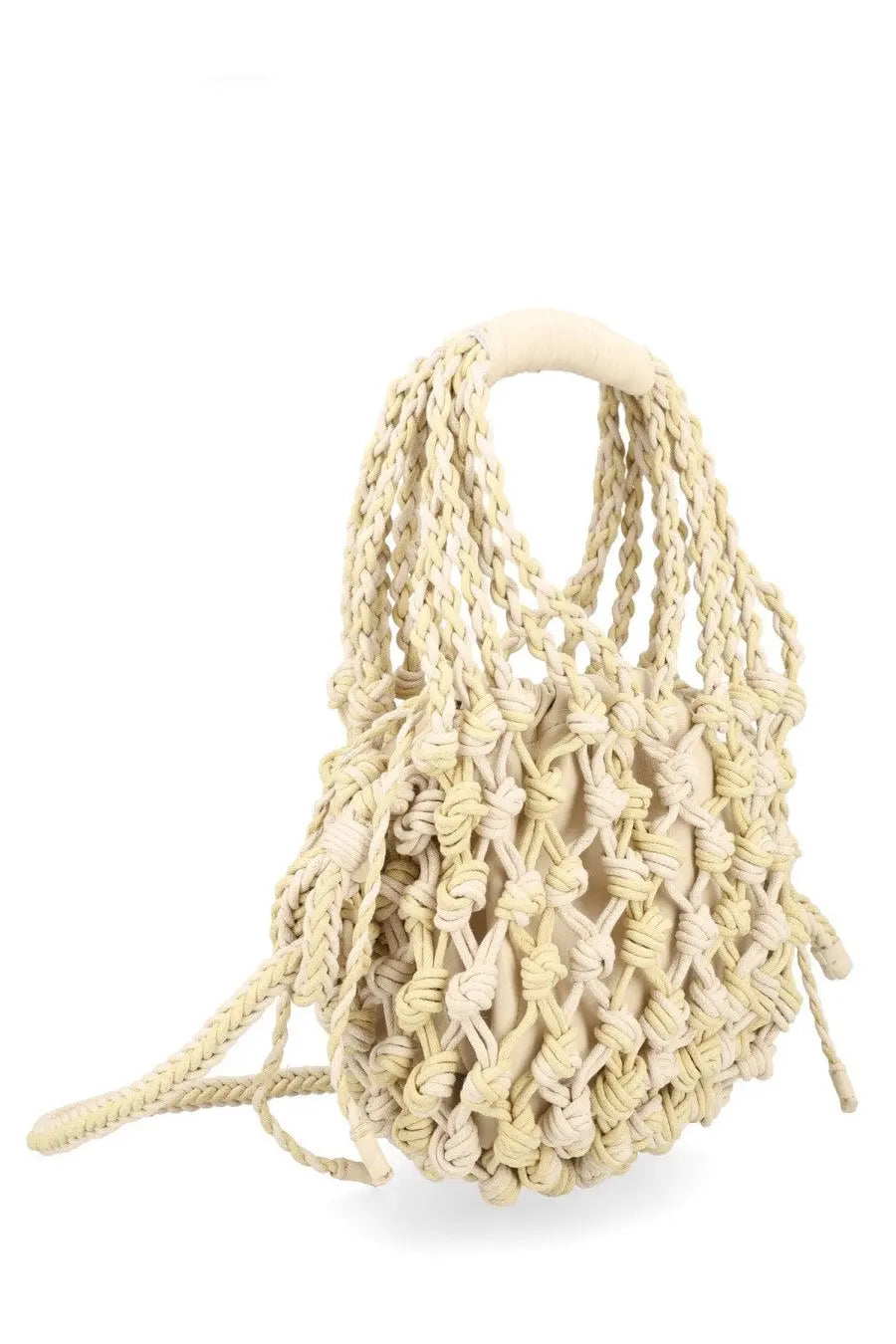 Cream-colored alysi women’s borsa rete white macramé knit handbag with braided rope handles and adjustable shoulder strap