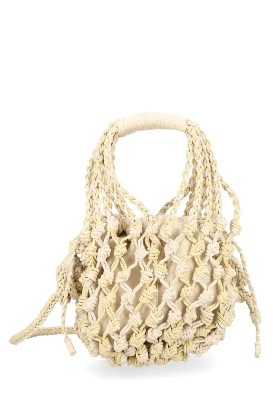 Cream-colored woven rope handbag with braided handles and knotted mesh design alysi women’s borsa rete white