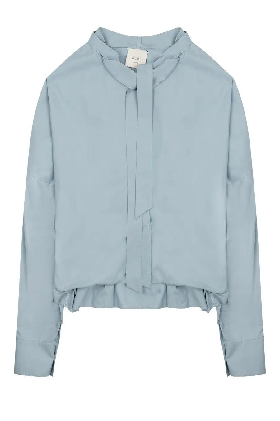 Alysi women’s light blue long-sleeved blouse with ruffled hem and tie-front collar in soft fabric