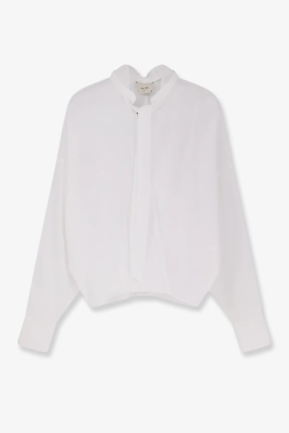 Alysi women’s white cotton shirt with a lightweight flowing fabric and a distinctive high collar