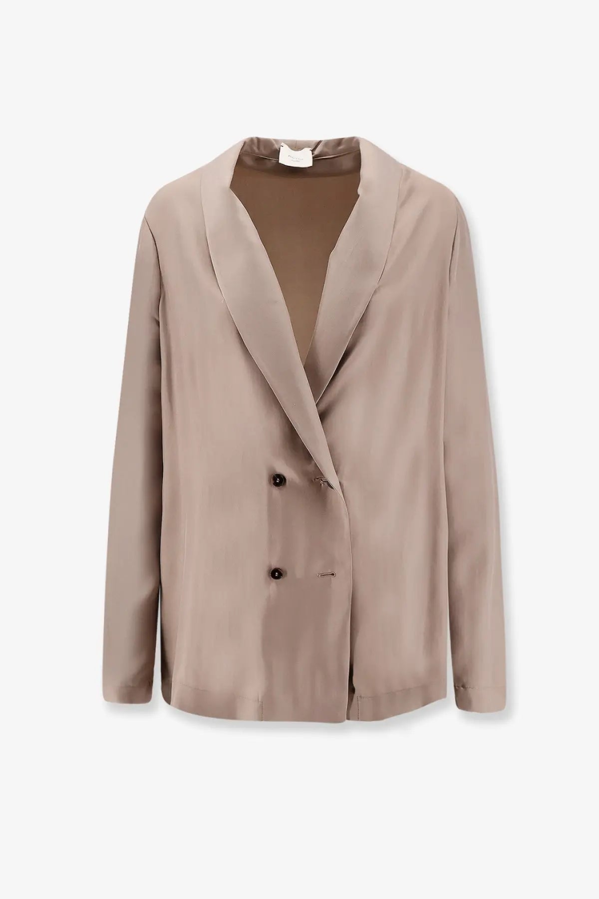 Alysi women’s double breasted silk blazer in taupe with black buttons and a smooth satin finish