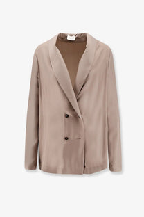 Alysi women’s double breasted taupe silk blazer with satin finish and black buttons in beige shade