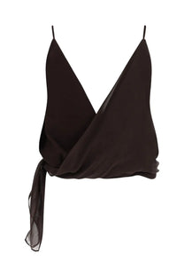 Alysi women’s brown sheer wrap-style crop top with thin spaghetti straps and tied side detail in lightweight fabric